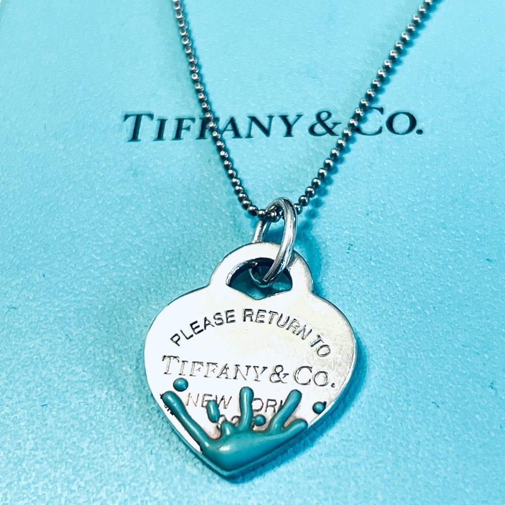 Tiffany & Co. Please Return to Silver Blue Splash Enamel Heart Necklace 18”